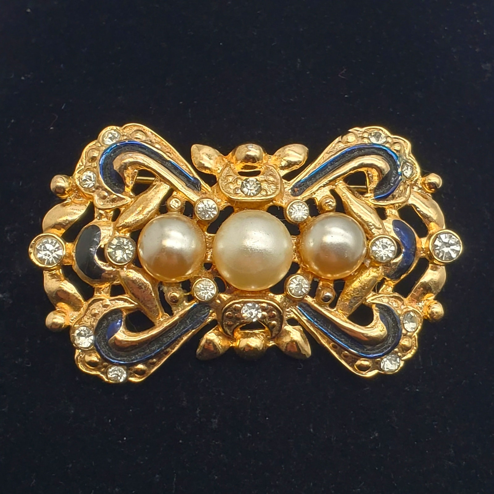 Faux Pearl Bar Brooch Black Enamel Gold Tone Pin Rhinestones Victorian Revival